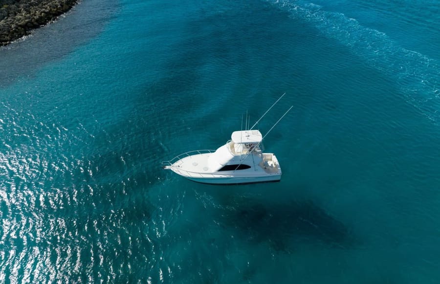Lucky Penny on turquoise water, seen from above