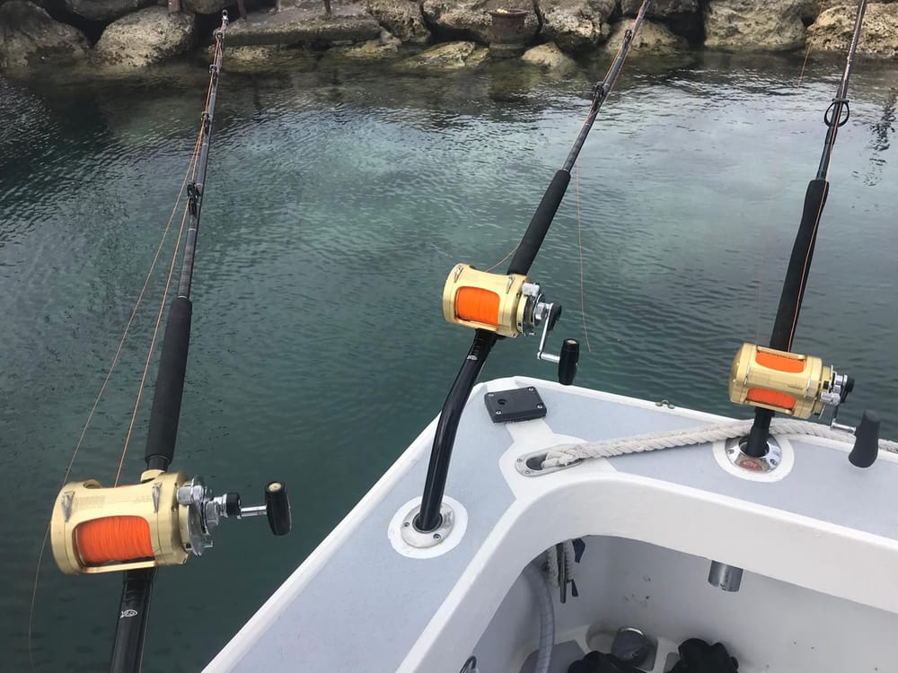 Big-game rods and reels rigged on the boat