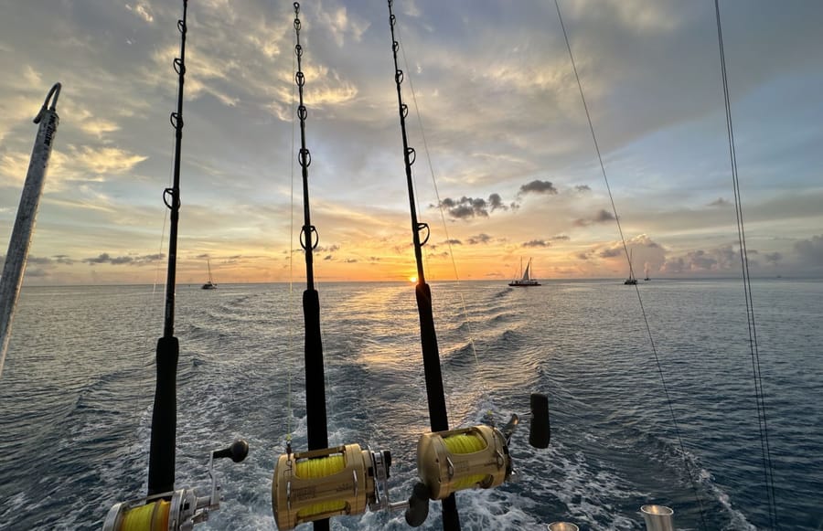 Three rods trolling off the stern, the sun low over the water